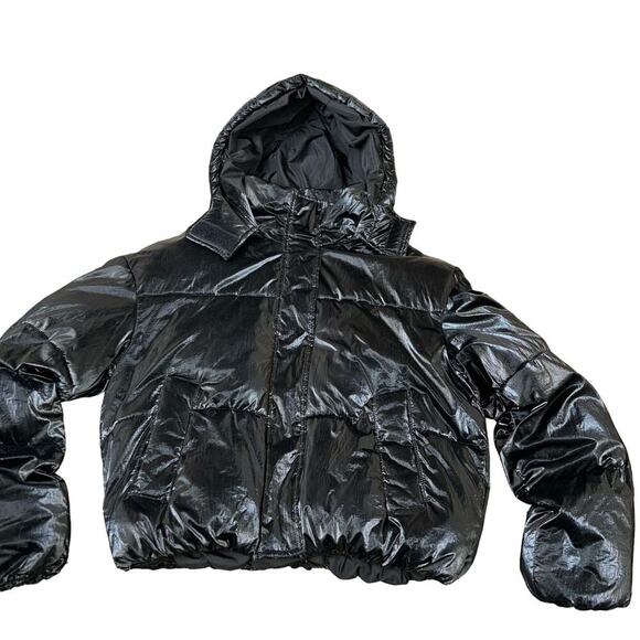 Pull&Bear puffer coat/jacket black wet look zip/button up women's SZ M hip hop - Picture 3 of 9